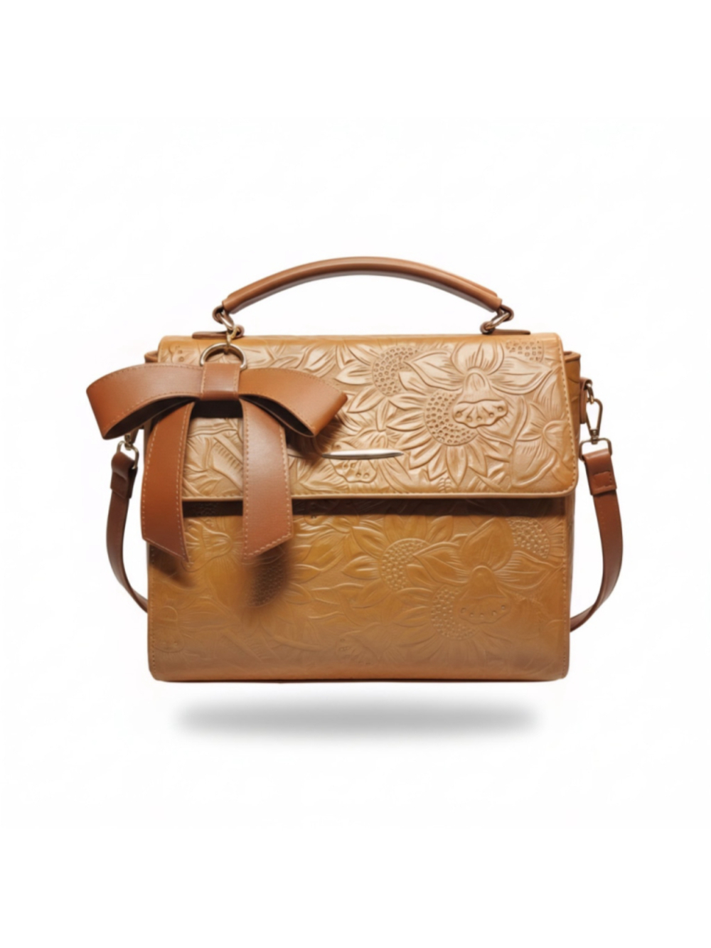 Caramel Brown Bow Embossed Tooled Artisan LEATHER Cross Body Messenger Bag Purse